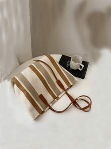 簡約條紋圖案單肩包女士時尚大容量手提包休閒拉鍊購物袋 - 彩色 - 查看 8