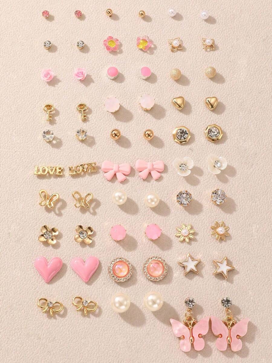 NAIZHU 30 Pairs Assorted Colorful Fashionable Cute Butterfly, Heart, Letter, Star Themed Earrings Set, Versatile Accessories Gift For Teenagers - Multicolor - View 1