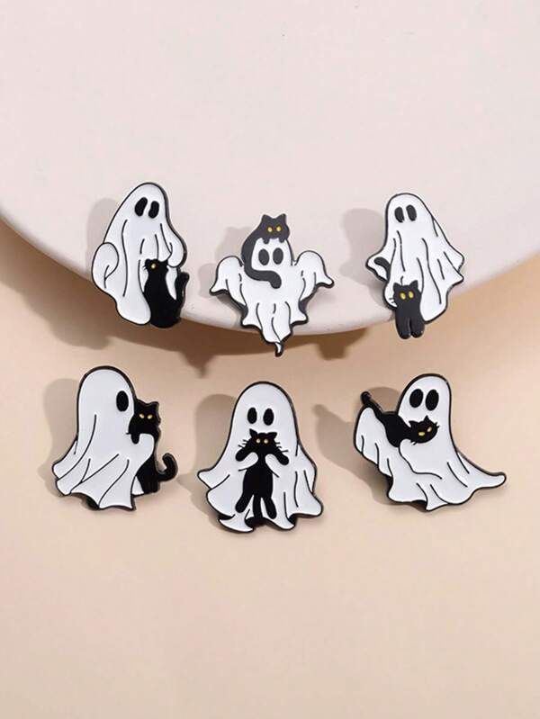 1 pieza Nuevo broche de Halloween con diseño de gato negro y fantasma, accesorio de decoración de dibujos animados lindo, insignia, pasador de ropa, accesorio divertido para maestros, joyería, accesorio de disfraz, encanto de bolso, accesorio de oficina