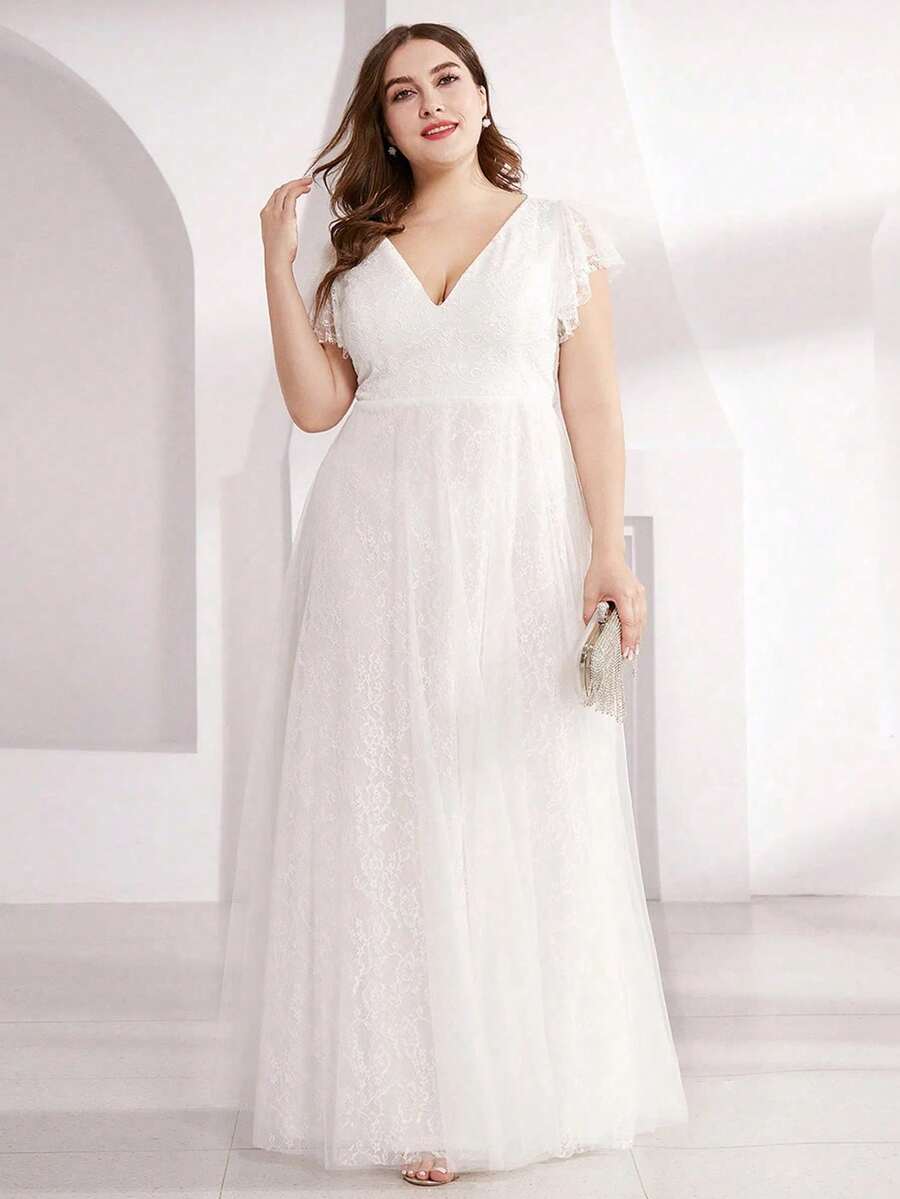 EVERPRETTY Plus Size Romantic Lace V-Neck Backless Ruffle Sleeve White Formal Dress, Bridal Wedding Gown For Spring/Summer Wedding Ceremony Party - White - View 1