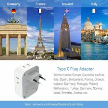 Adaptador Europeo Viaje, Universal Europa Enchufe de Corriente con 3 USB (1 USB C), Cargador Tipo C con 4 Salidas CA, Travel Essentials Adapter Americano\/México a Europa para Italia, España - Blanco y Gris - Ver 7