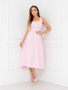 YAN FASHION Women's Midi Tailored Dress, Elegant Godet, Wide Strap, Square Neckline, Christmas - Màu Hồng baby - Xem 6