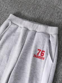 2 pezzi/set Felpa girocollo a maniche lunghe con stampa Fashion76 e pantaloni lunghi con patchwork, outfit sportivo casual, moda e personalizzato, adatto per attività all'aperto, 7-11 anni