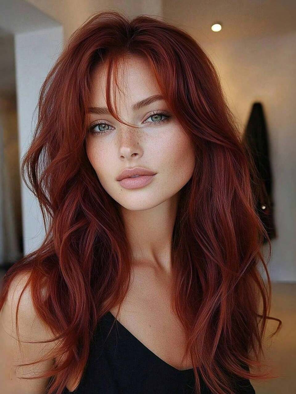 Medium Length Wavy Synthetic Wig With Bangs, Red-Brown Color, Heatproof, Suitable For Women's Daily Wear