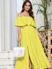 Vestido Largo de Escote Recto y de Hombros Descubiertos con Volantes, y Bajo con Abertura Lateral Elegante para Mujer - Amarillo - Ver 3