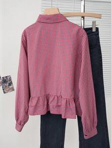 Women's Autumn/Winter Blue Plaid Hem Ruffle Patchwork Shirt, Casual Wear, Commuting, Long Sleeve Blouse, Cropped Top