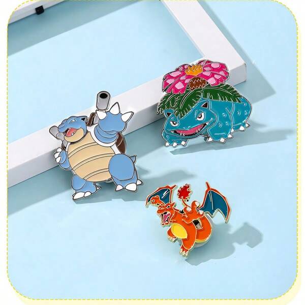 pokemon Set de 3 broches de anime de dibujos animados, lindos accesorios de metal de Pokemon Charizard para decorar ropa y bolsos