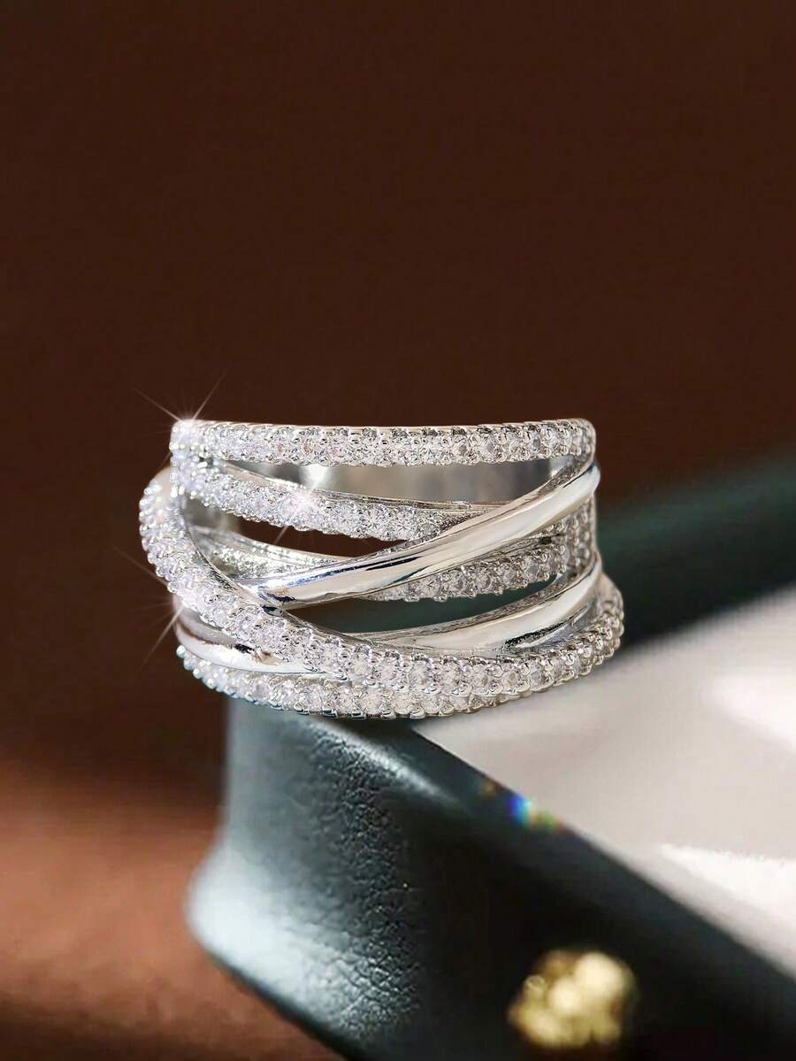 1枚奢华高光泽多层设计戒指，925纯银材质，女士戒指，优雅女士珠宝，情人节/生日礼物，日常佩戴