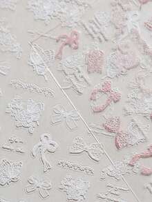 1片秋季新款白色/黑色/粉色蕾丝蝴蝶结美甲贴纸，可爱蝴蝶结美甲贴纸，白色粉色3D自粘复古精致蝴蝶结美甲设计用品，丝带蝴蝶结，女士DIY美甲装饰 - 彩色 - 查看 4