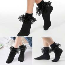 Women Big Ruffle Ankle Socks Adult Double Lace Frilly Socks Fold Cuff Cotton Ruffled Dress Crew Bobby Bride Sock - màu nâu - Xem 10