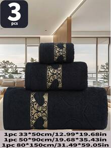 QIBHI 3/2/1件套毛圈提花心形图案浴巾，轻盈柔软吸水，适用于浴室，情人节礼物，美容院、酒店、运动场所、家居用品、毛巾、护肤浴巾 - 黑色 - 查看 3