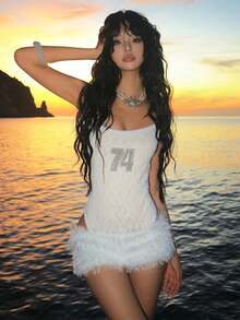 Sexy 2-teiliges Set Frauen Y2K Strandurlaub Jacquard Rückenfreies Ärmelloses Bodysuit + Flauschige Shorts Passender Mitternachtsanzug