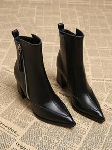 2025 Autumn New Black Versatile Elegant Punk European & American Style Women's Thick Heel High Heel Pointed Toe Ankle Boots, Fashion Ankle Boots For Autumn/Winter - Black - View 3