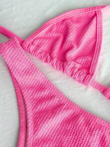 Ribbed Bikini Set, Triangle Top, Delta Wing Panties, Women's Summer, Without Pads, Beach - Đỏ - Xem 3