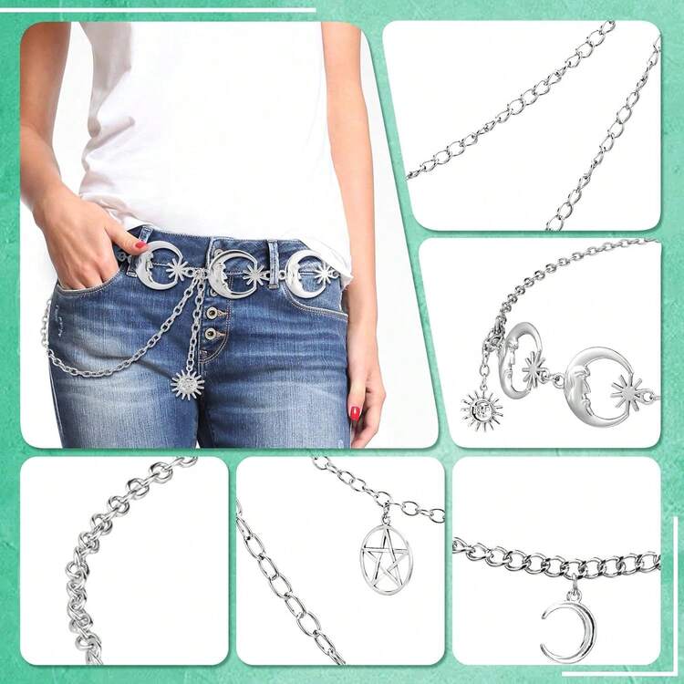 5 Pieces Chain Belt Pendant Belly Belt Body Chains Silver Metal Link Body Jeans Pants Pocket Waist Multilayer Hip Hop Metal Wallet For Men Women2025 - 月星 - 查看 2