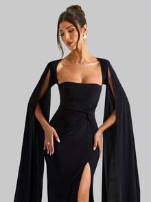 Halloween Elegant Strapless Black Long Sleeve Maxi Long Dress For Women Ruched Slit Dress Wedding Night Out Evening Cocktail Party Dress Sexy Halloween Clothes
