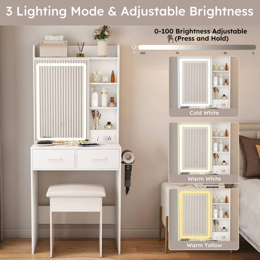 Compact Makeup Vanity Set With Adjustable LED Lights & Charging Station ...