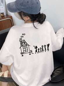 女士宽松卡通印花长袖棉质T恤，百搭春秋装 - 白色 - 查看 1