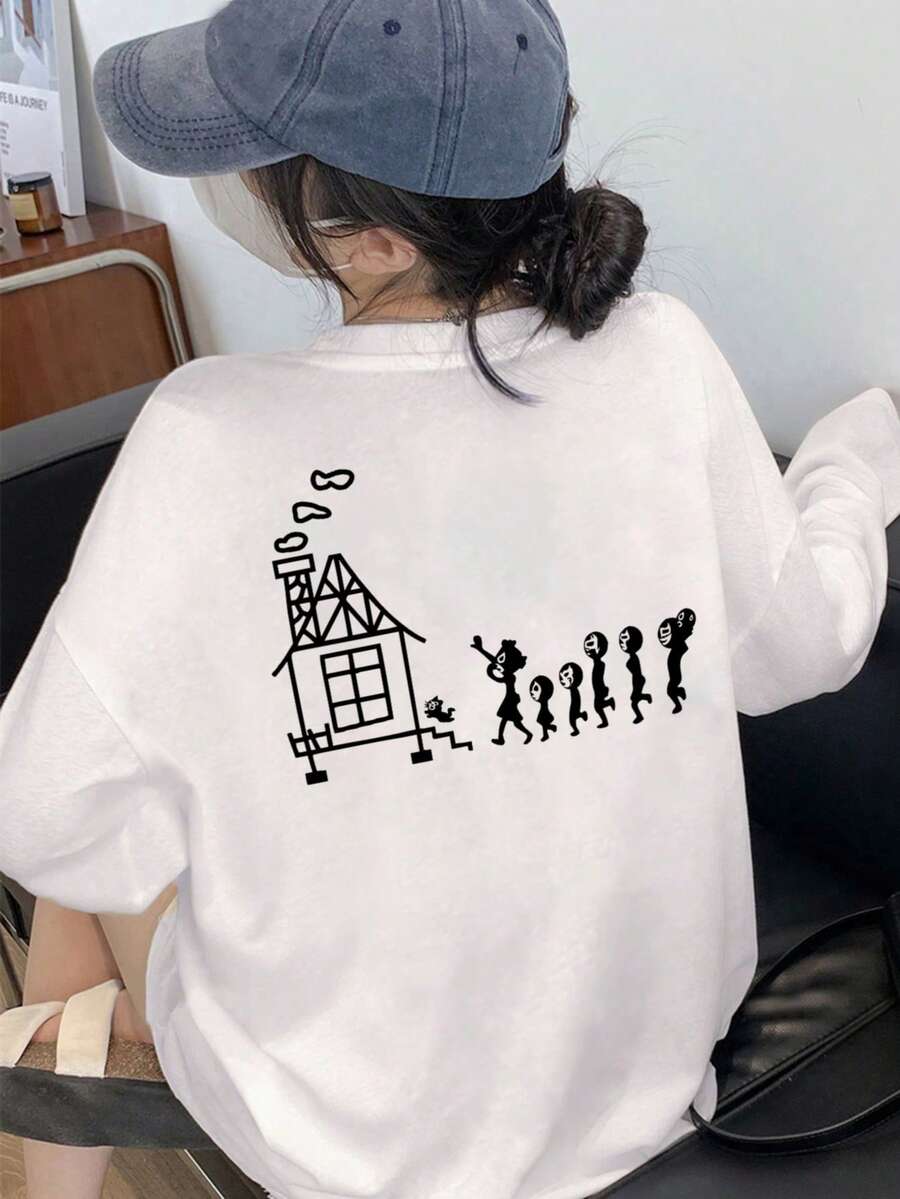 女士宽松卡通印花长袖棉质T恤，百搭春秋装 - 白色 - 查看 1