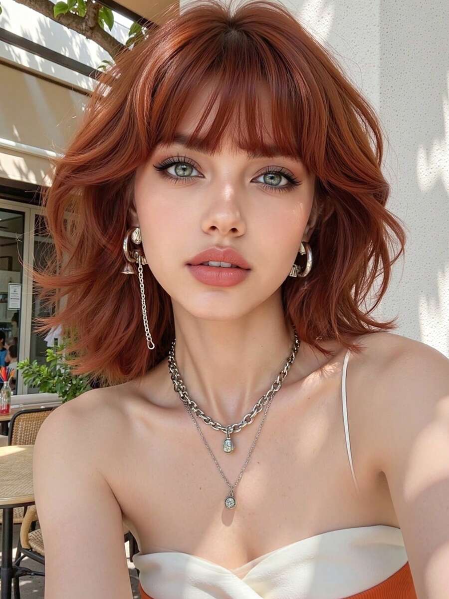 Reddish Brown Short Curly Bob Wigs With Bangs For Women 12 Inch Synthetic Curly Bob Wig For Girl Natural Looking Summer Daily Party Cosplay Use For Halloween And Christmas New Year Carnival Music Festival Cosplay ,Gifts For Girls,Summer Graduation Gifts,Ready-Made Gifts,Halloween Christmas Gifts - Reddish Brown - 查看 1