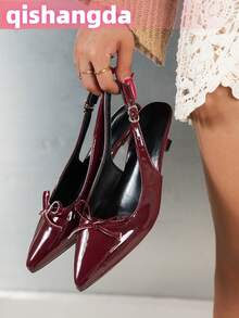[Qishangda] French Style New 2025 Patent Leather Pointed Toe Bowknot Low Vamp Thin Heels Sandals, Red