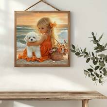 1套40x40厘米/15.7x15.7英寸无框印花布料十字绣DIY套装，包含11/14片印花布料，图案描绘了海边身穿橙色连衣裙的小女孩和小狗，适合成人初学者轻松DIY刺绣。套装包含印花布料、针线、图纸和说明书。手工艺术品，客厅玄关卧室装饰，家居装饰艺术礼品