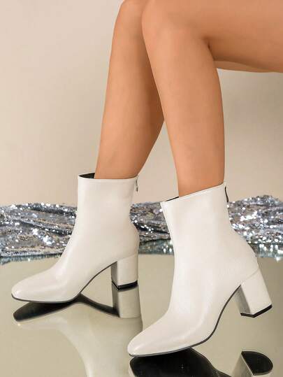 女士踝靴和短靴，白色皮革光泽纹理高端短靴，后拉链粗跟尖头时尚坚固方便的踝靴，适合各种个人风格，易于日常搭配，职场通勤别致踝靴