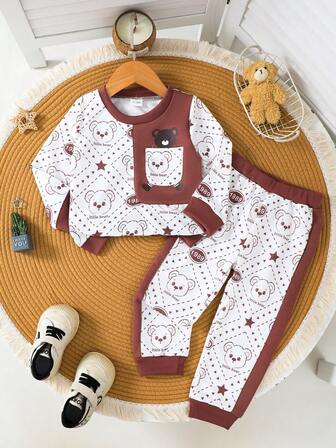 2pcs/Set Toddler Boys' Bear Digital Print Contrast Color Ribbed Crew Neck Long Sleeve Top And Digital Print Pants, Regular Fit Infant Boy Clothes For Spring Autumn Outdoor Sports And Casual Daily Wear