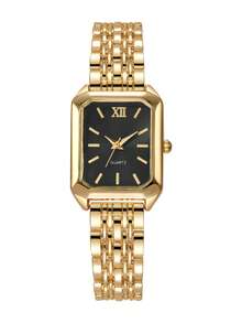 1 pieza Reloj de pulsera de cuarzo con esfera cuadrada casual y elegante para mujer, con correa de acero, estilo de moda (Caja del reloj no incluida) - Dorado - Ver 7