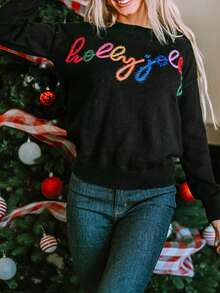 Women's Black Holly Jolly Round Neck Elegant Sweater Winter Graphic Clothes - Black - View 3