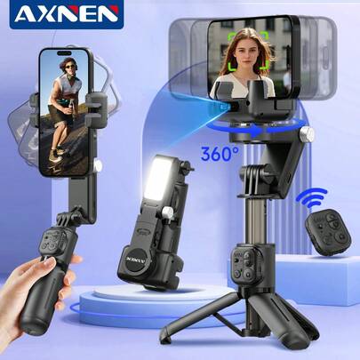 Estabilizador inteligente de mano con IA - Seguimiento automático de rostro, palo de selfie/trípode plegable de 360°, con luz de relleno para retratos, compatible con Android e iOS para transmisión en vivo/reuniones/selfies/fotografía/video
