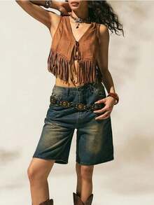 Women's Vest Cardigan, Vintage Solid Color Tassel Sleeveless Lace-Up Vest Cardigan, For Party Club Street Wear - nâu đỏ - Xem 3