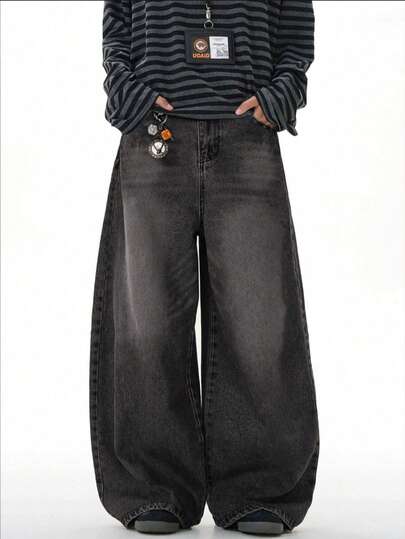 Jeans casual lavati vintage a gamba ampia per ragazzi adolescenti