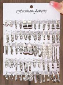 24-48 件简约几何心形与人造珍珠多层女士耳环套装，时尚珠宝礼物，适合生日、旅行、派对、日常休闲和工作 - 金黃色 - 查看 7