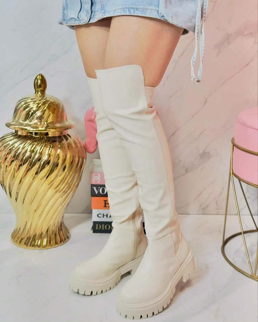 Botas altas para mujer, suela gruesa, punta redonda, sin agujetas, estilo urbano, ideales para otoño e invierno, uso diario - Blanco - Ver 1