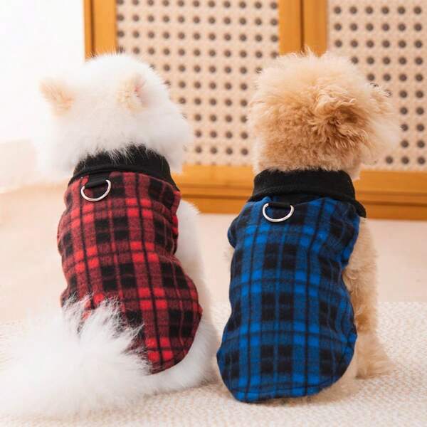 1pc Dog & Cat Autumn/Winter Warm Minimalist Checkerboard Harness-Compatible Sweatshirt ,Suitable For Teddy, Bichon And Other Small To Medium-Sized Dogs