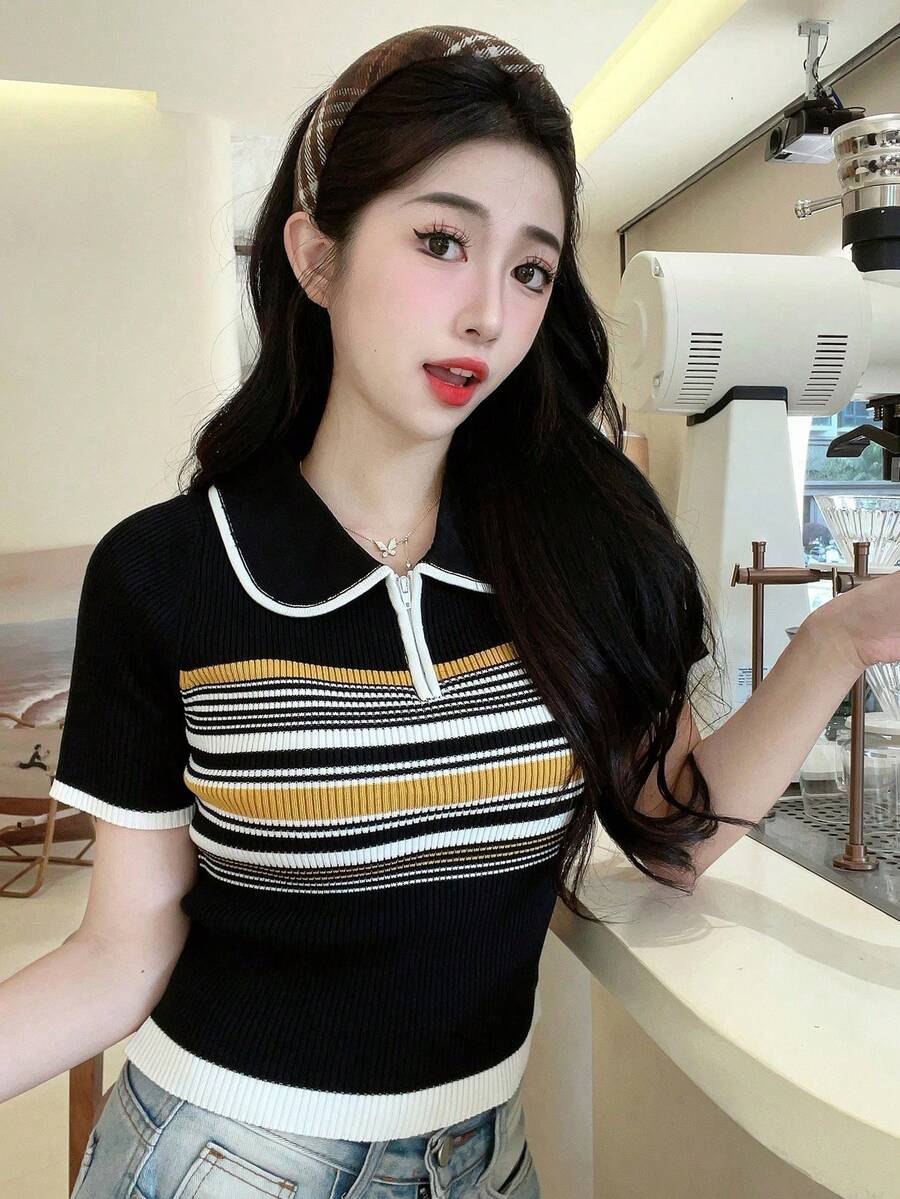 Women's Casual Contrast Striped Pattern Contrast Binding Half Zip Collared Knit Top - Black - View 1