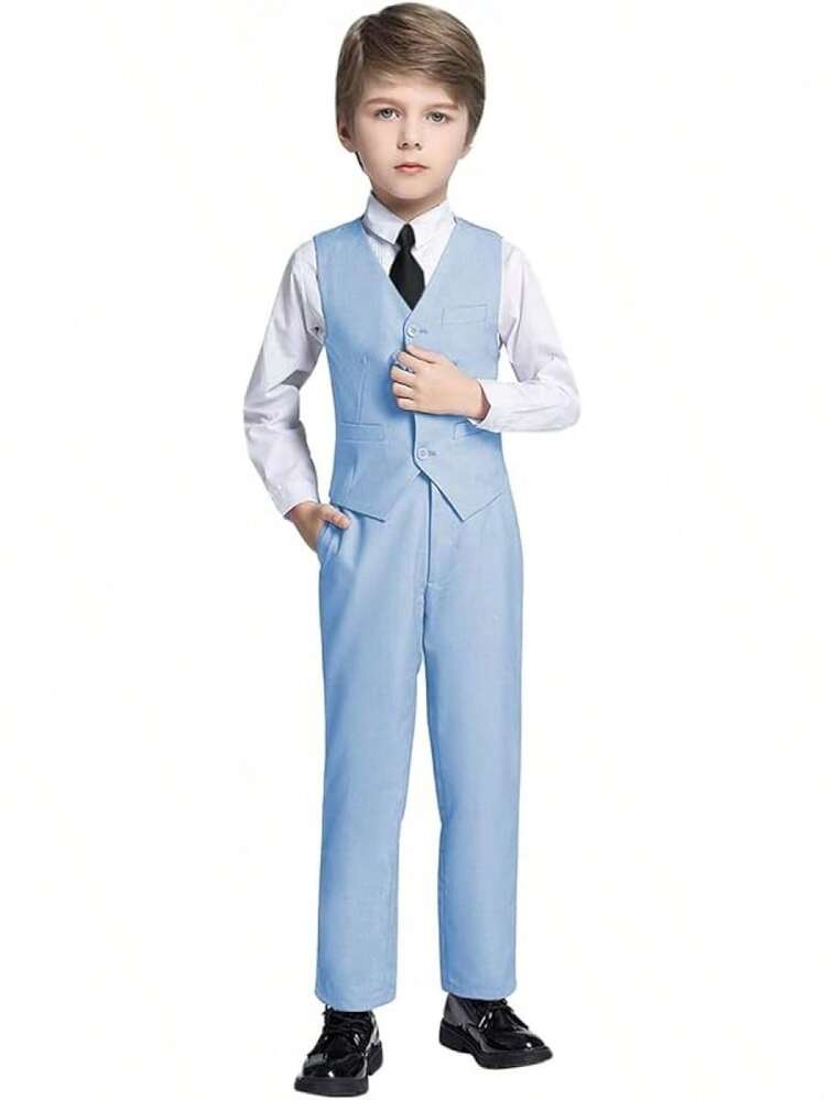 Boys Slim Fit 4-Piece Formal Suit Set - Vest, Pants & Shirt For Kids, Boys' Formal Wear For Weddings, Parties, School Events (2-14Y) - Blue - View 2