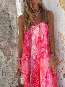 tooluck Women's All-Over Floral Print With Leaves, Bohemian Style, Elegant Ruffled Hem, Holiday Beach Suspender Maxi Dress - 玫紅色 - 查看 4