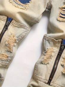 Men's Punk Street Fashion Fake Pocket Retro Versatile Mud Dye Workwear Denim Pants - Khaki - View 3
