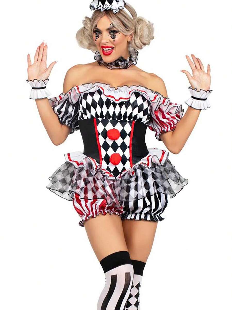 Women's Halloween Clown Cosplay Set One-Neck Jumpsuit Mini Culottes With Headband, Neck Scarf, Sleeve Four-Piece Set, Festive Party Outfit - 黑色 - 查看 1