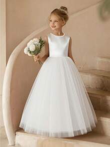 Girls' Elegant White Bow & Pearl Backless Dress, Princess Gown For Flower Girl, Prom, Party, Wedding, Birthday, Christmas - White - View 5