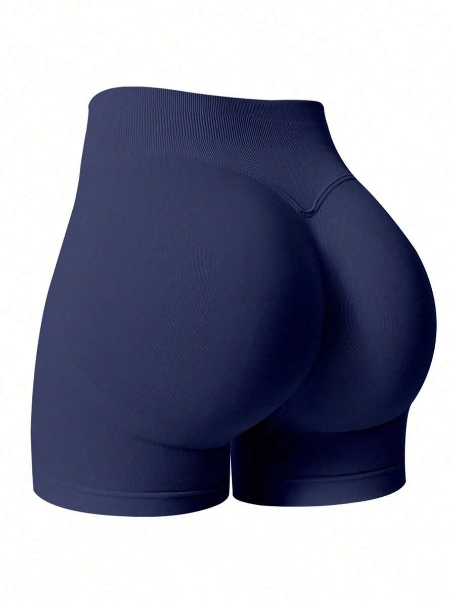 NcmRyu Women Solid Color Short Fitted Versatile Running Workout Shorts Thigh Raising And Abdomen Shrinking Pink Sports Shorts Small Thin With High Elasticity For Abdominal Control Yoga Gym - 藏蓝色 - 查看 1