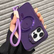1pc Luxury Lightning Magnetic Phone Case With Short Nylon Lanyard Camera Bracket For IPhone16 15 14 13 12 11 Pro Max Plus Soft Silicone Back Cover Waterproof Shockproof Anti-Fall Scratch Resistant - Mauve Purple - View 5