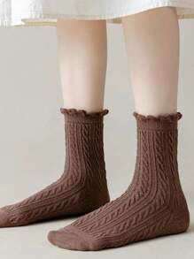 5 Pairs Women's Solid Color Braided Fashion Casual Versatile Mid-Calf Lace Socks, Fall Socks