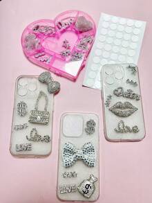 43 piezas/caja Paquete de encantos con tema Y2K plateado, bolso con monedas con strass, bolso con cadena con forma de corazón y mariposa, encantos de lujo brillantes con símbolo del dinero, estrella de cinco puntas, accesorios decorativos 3D para manualidades, clips para el cabello, al por mayor