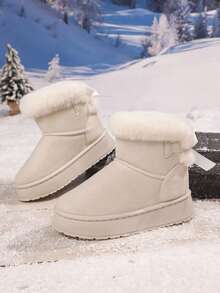 Damskie, jednokolorowe, pluszowe kozaki do połowy łydki z kokardką, ciepłe śniegowce, modne, zimowe botki na platformie z grubą, miękką wyściółką z pluszu, antypoślizgowe, wygodne, grube, śniegowce - Beżowy - Zobacz 7