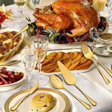 8 tacâmuri de servire din oțel inoxidabil, accesorii de bucătărie durabile, inclusiv clește pentru alimente, lingură de servire/lingură cu fante/furculiță de servire/cuțit de unt, ustensile elegante de servire pentru petrecere, banchet, bufet, cină, Crăciun, Ziua Recunoștinței