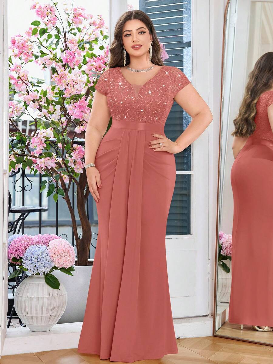 Plus Deep V-Neck Sequin Lace Contrast Ruched Draped Front Mermaid Hem Evening Party Formal Dress - Dusty Pink - View 1