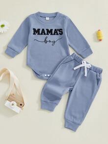 Newborn Baby Boys Outfit Waffle Knit Long Sleeve Mama's Boy Embroidery Sweatshirt Top Pants Set Infant Bodysuit Fall Winter Clothes - Màu xanh lam - Xem 6
